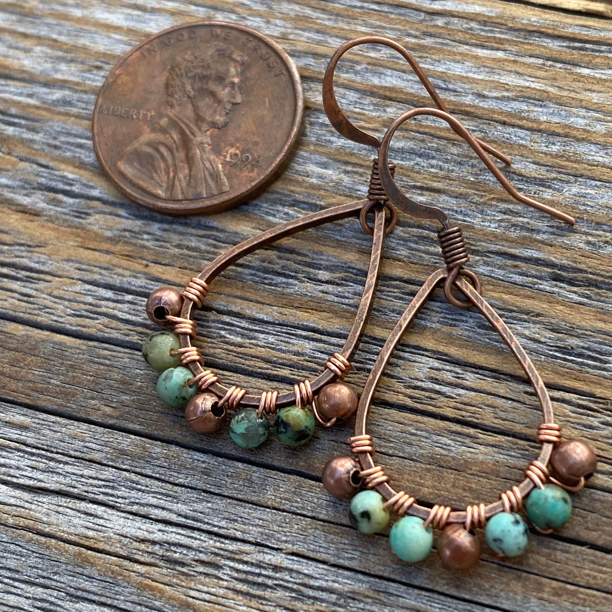 Turquoise Copper Teardrop Earrings – Boho Wire Wrapped Jewelry