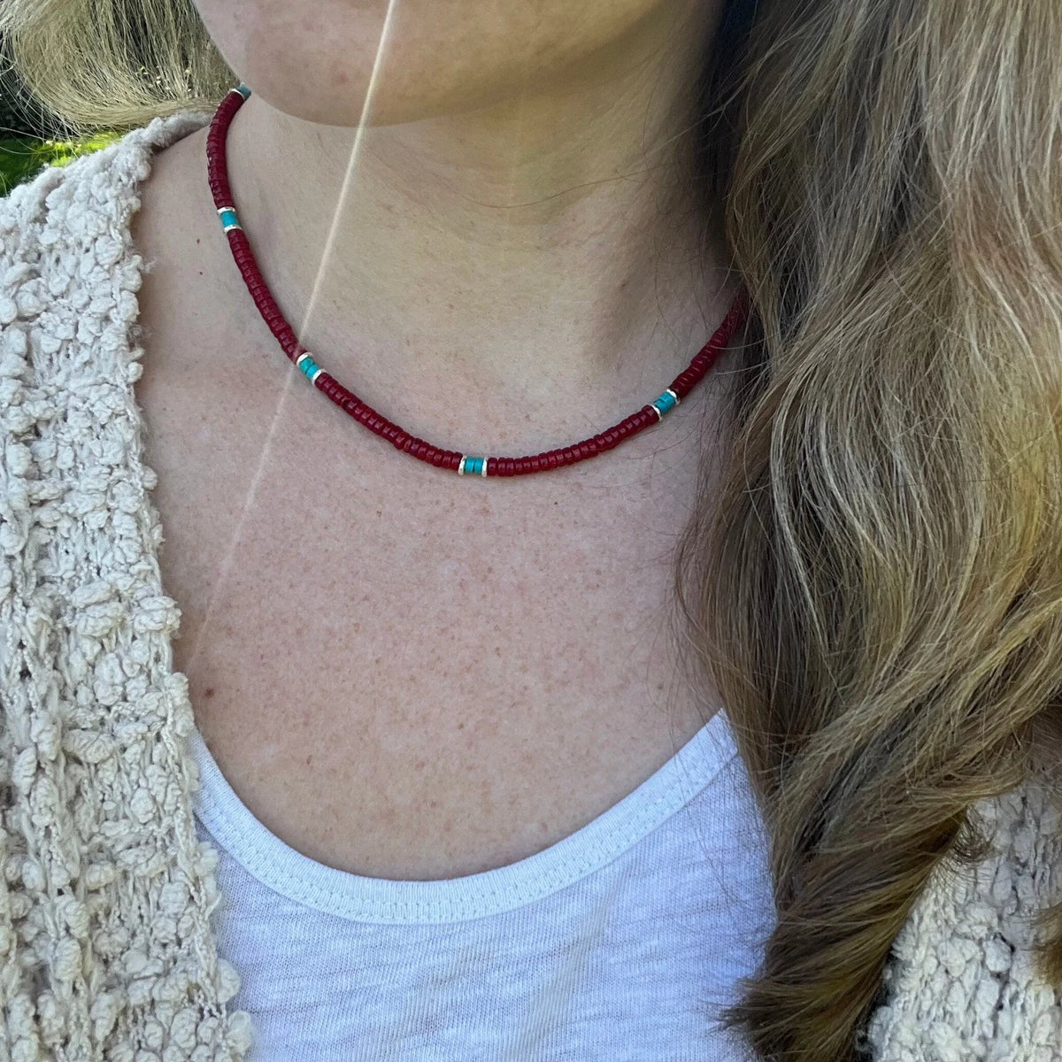 Turquoise Coral Heishi Necklace, Sterling Silver Accents, Boho Layering Jewelry