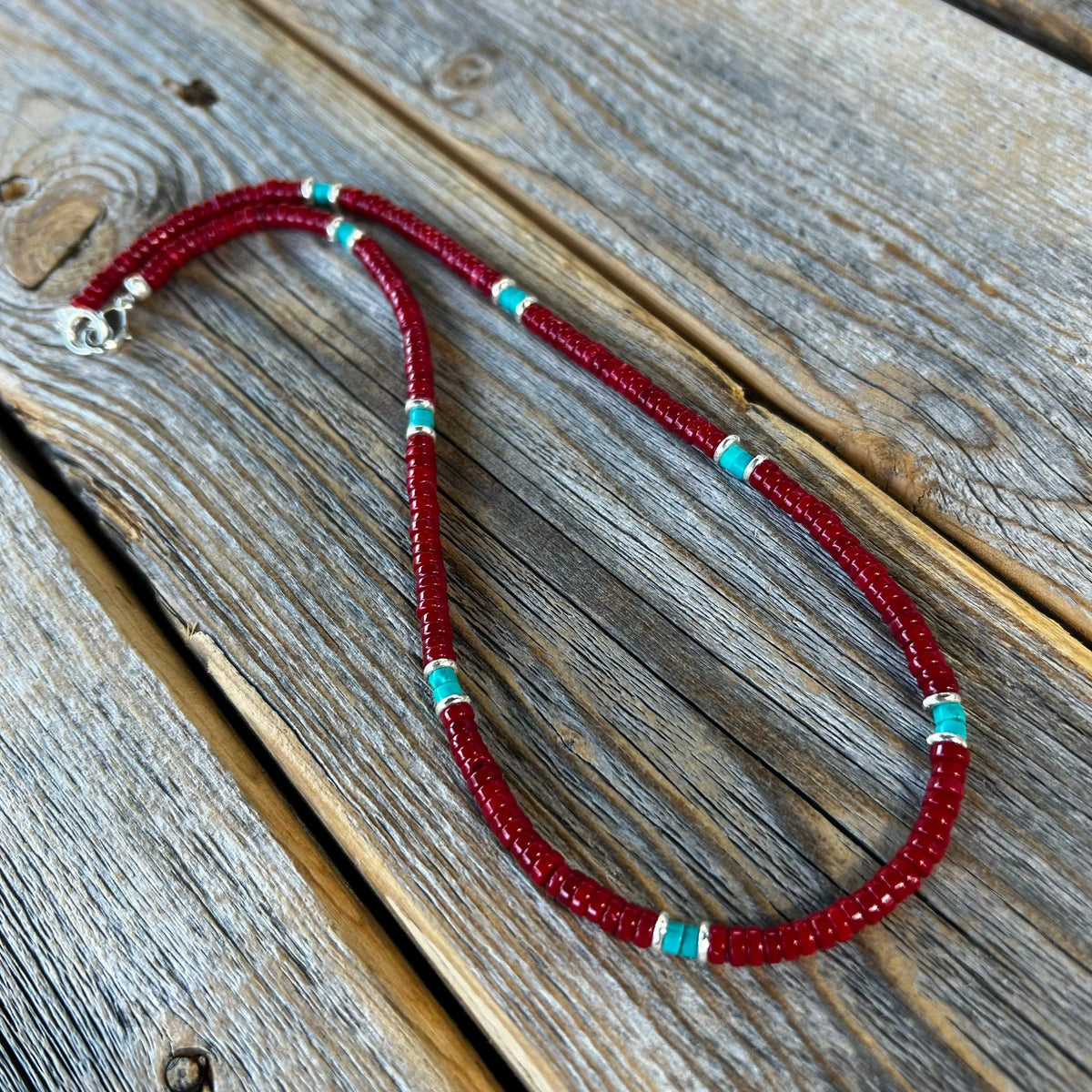 Turquoise Coral Heishi Necklace, Sterling Silver Accents, Boho Layering Jewelry