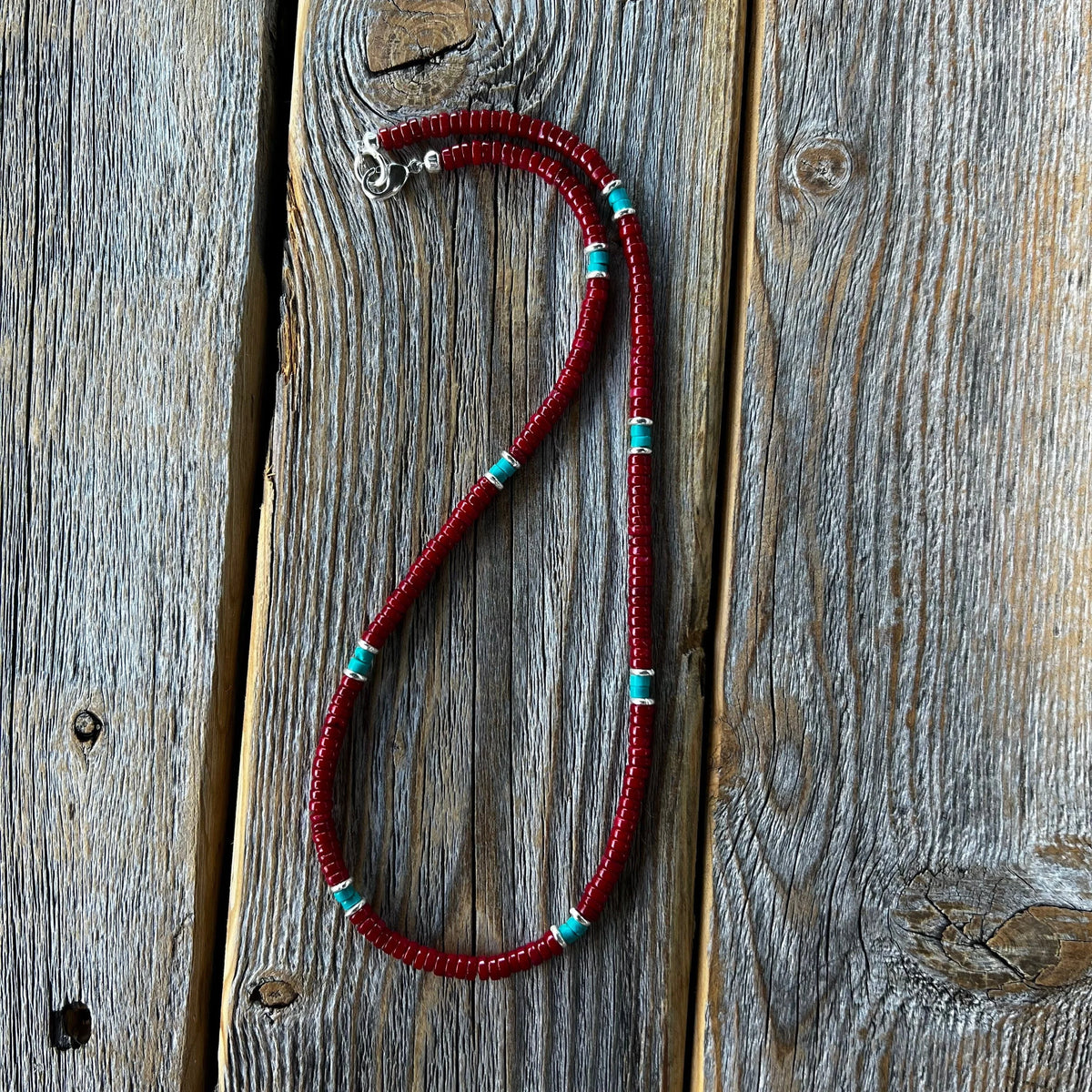 Turquoise Coral Heishi Necklace, Sterling Silver Accents, Boho Layering Jewelry