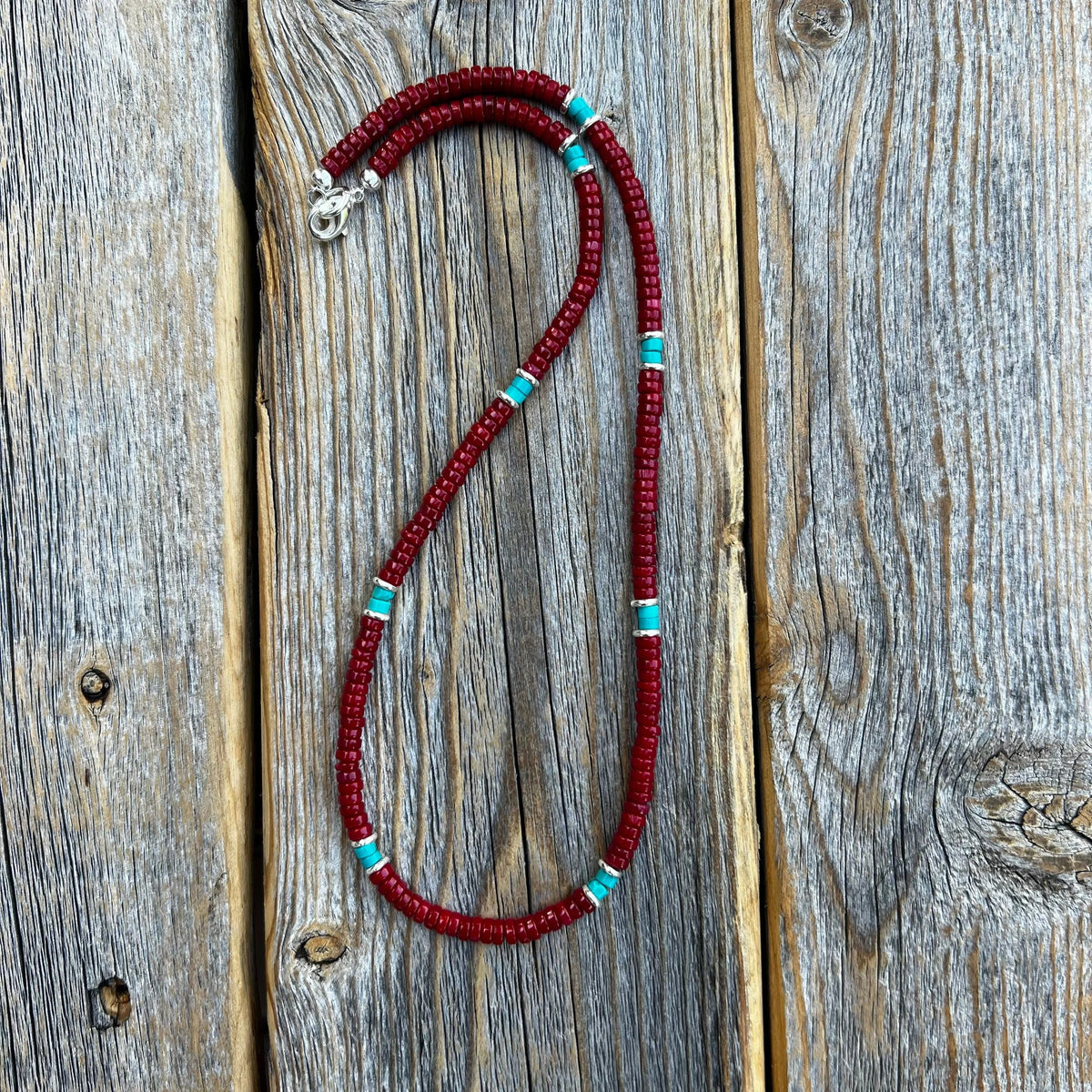 Turquoise Coral Heishi Necklace, Sterling Silver Accents, Boho Layering Jewelry