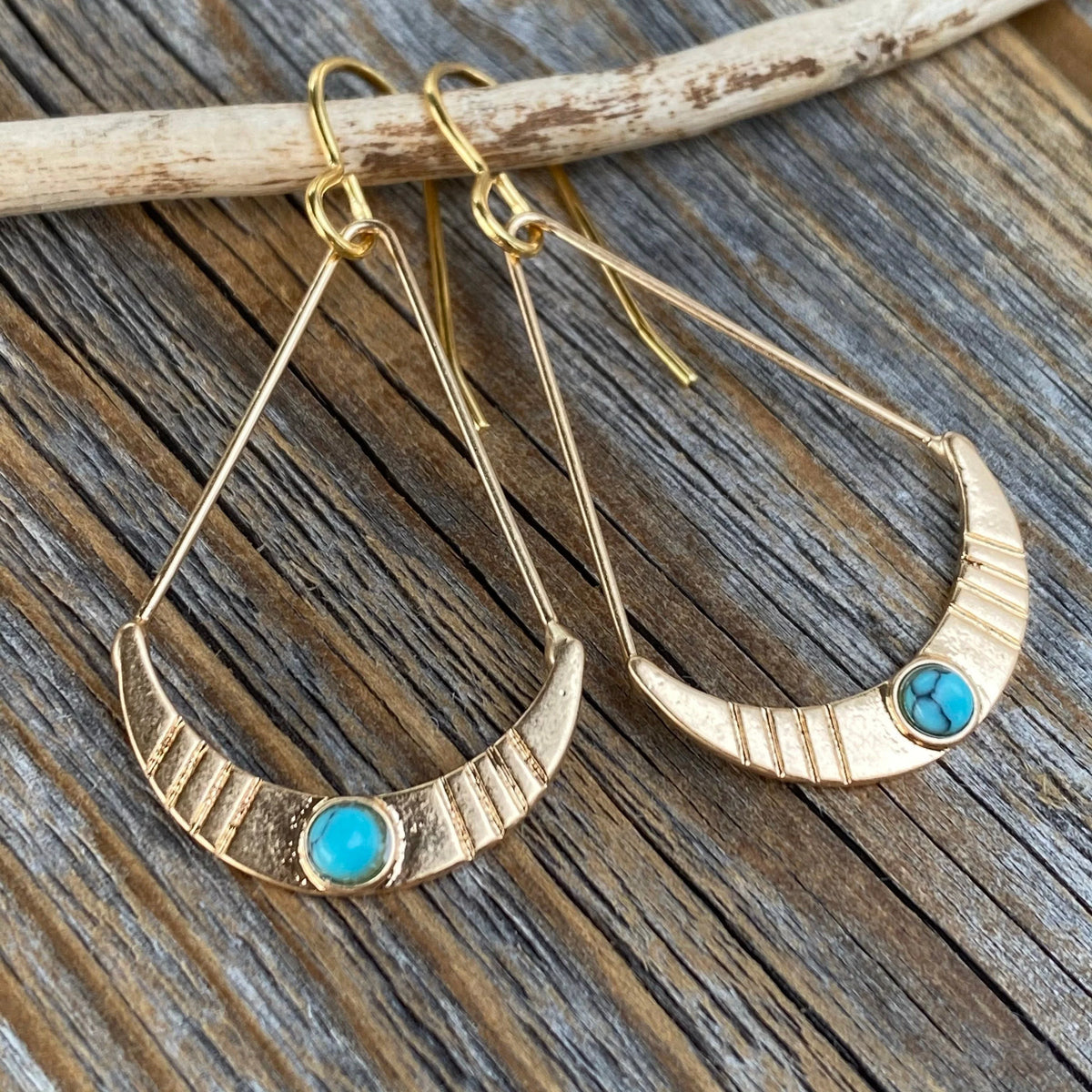 Turquoise Crescent Moon Earrings - Gold Boho Dangle Earrings