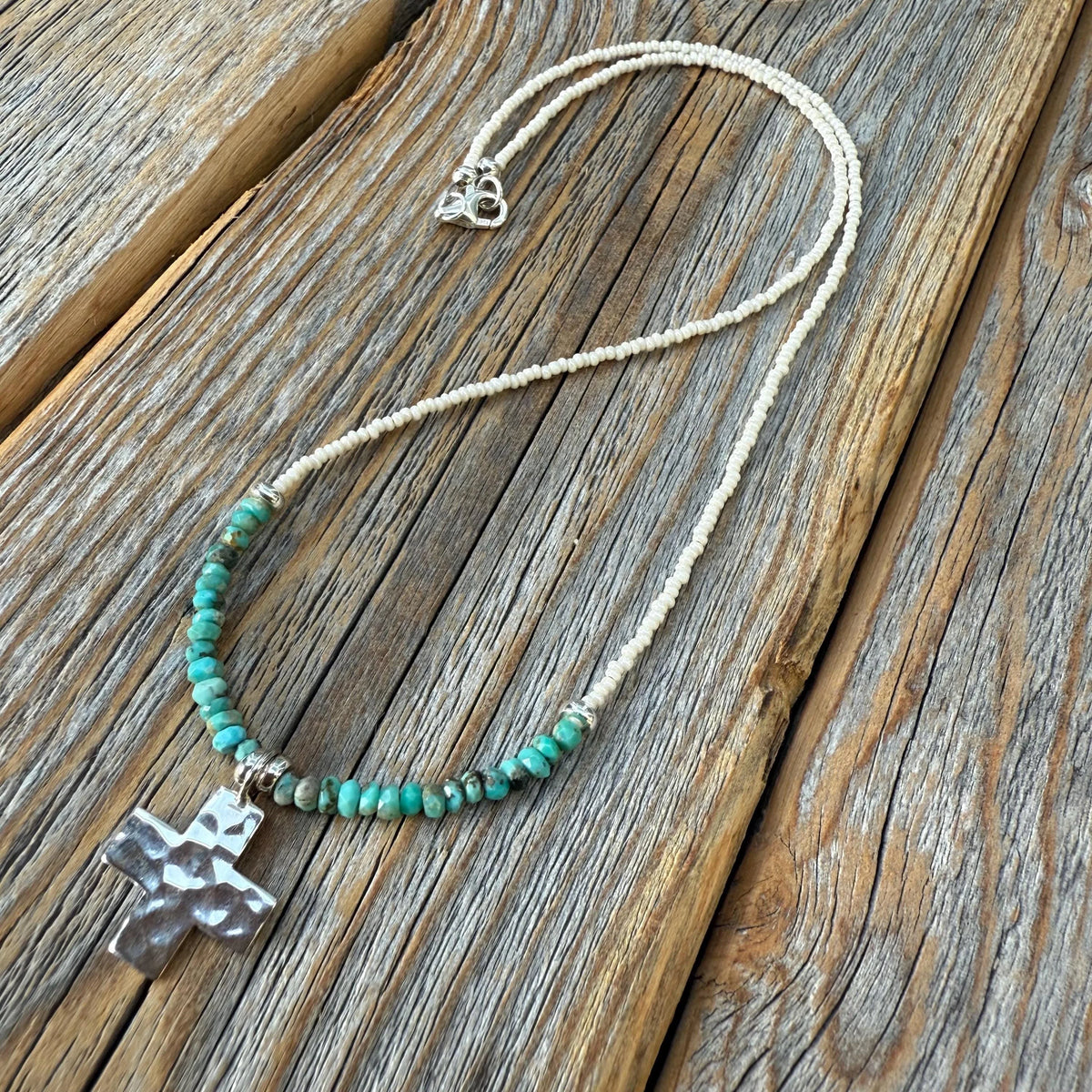 Turquoise Cross Necklace, Hammered Sterling Silver Pendant, Boho Christian Jewelry