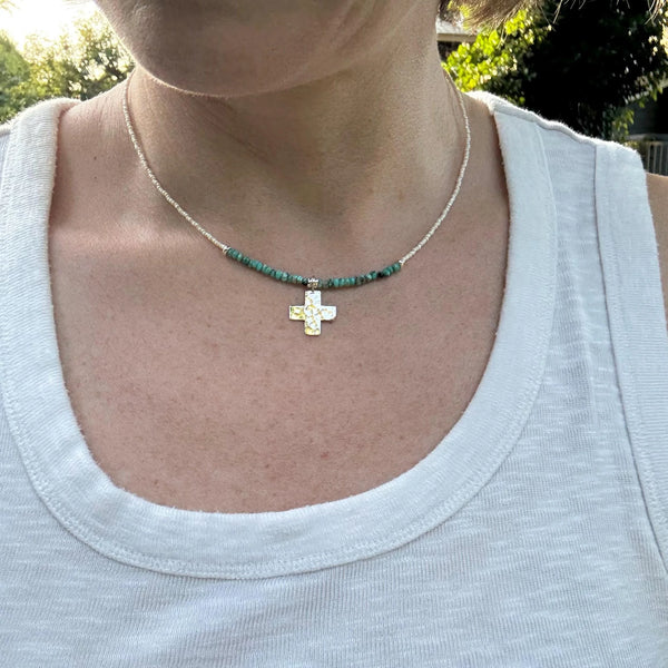 Turquoise Cross Necklace, Hammered Sterling Silver Pendant, Boho Christian Jewelry