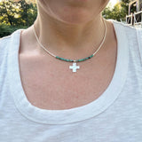 Turquoise Cross Necklace, Hammered Sterling Silver Pendant, Boho Christian Jewelry