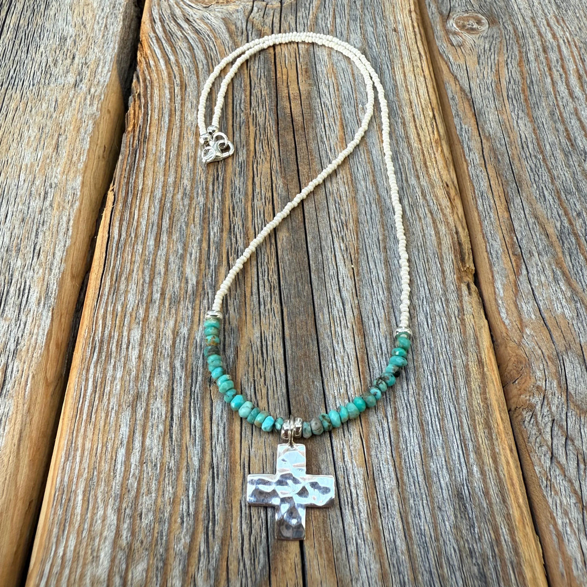Turquoise Cross Necklace, Hammered Sterling Silver Pendant, Boho Christian Jewelry