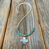 Turquoise Cross Necklace, Hammered Sterling Silver Pendant, Boho Christian Jewelry