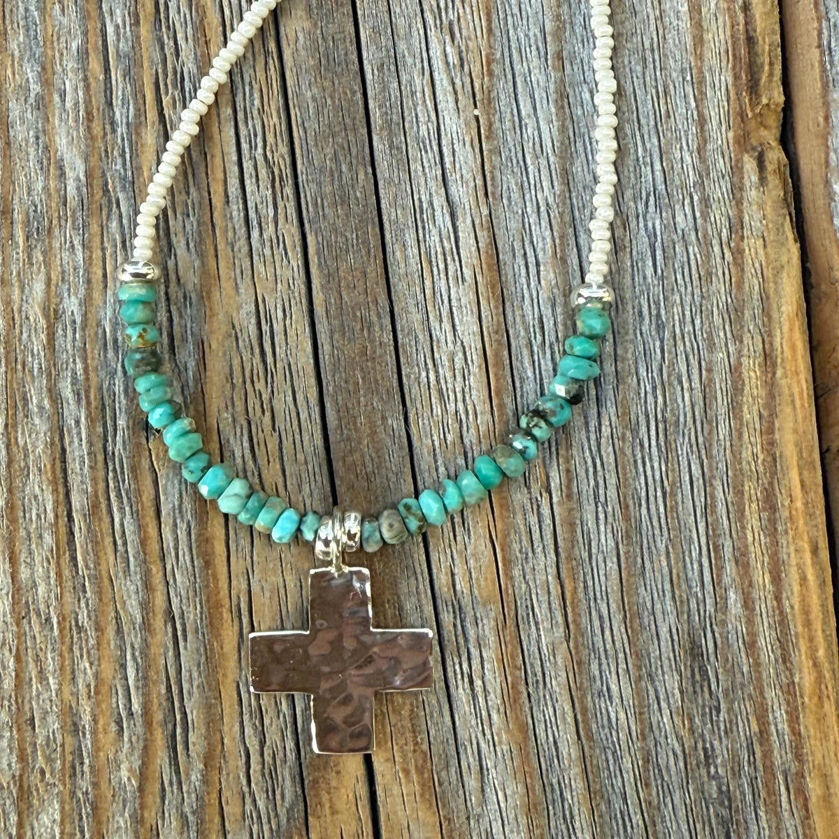 Turquoise Cross Necklace, Hammered Sterling Silver Pendant, Boho Christian Jewelry