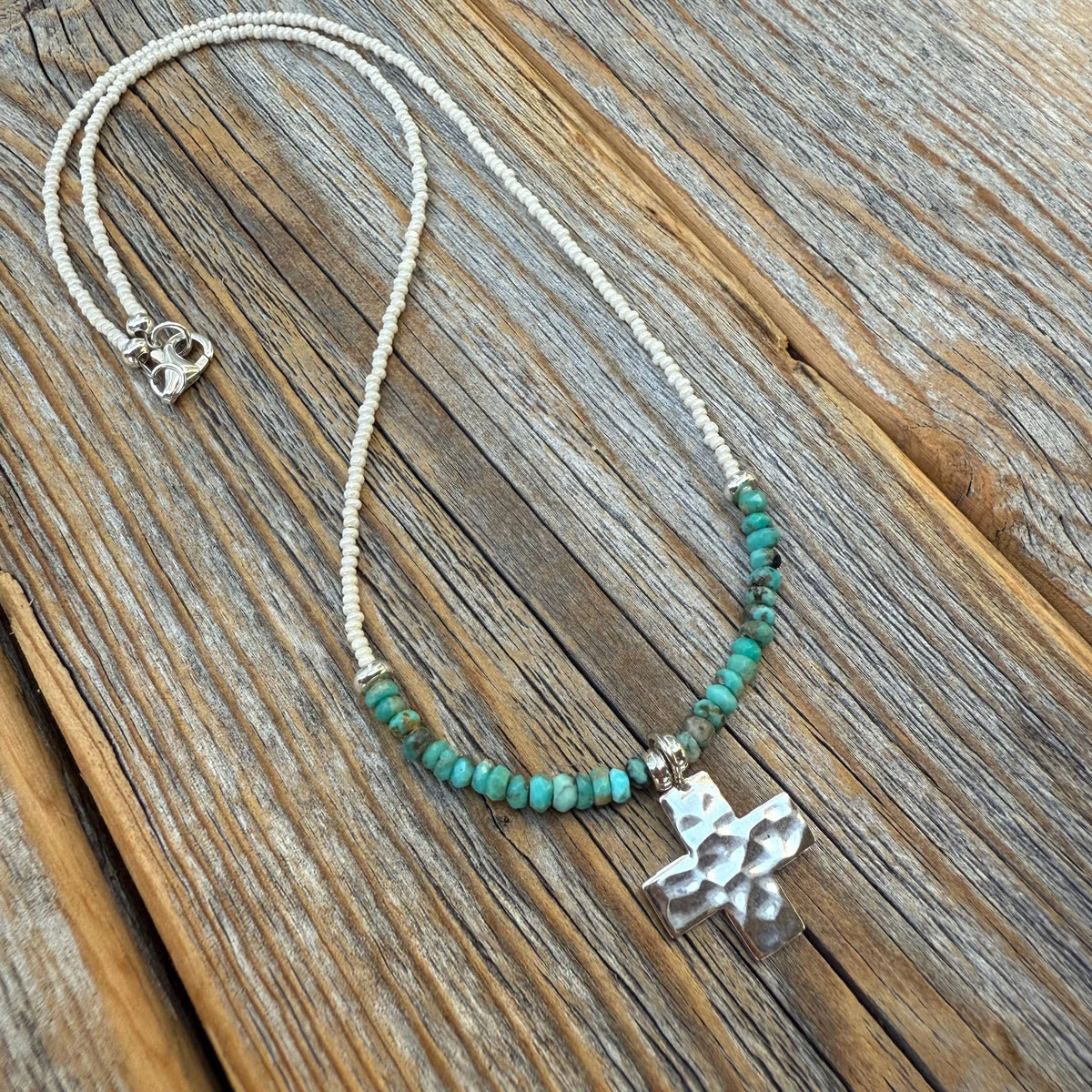 Turquoise Cross Necklace, Hammered Sterling Silver Pendant, Boho Christian Jewelry