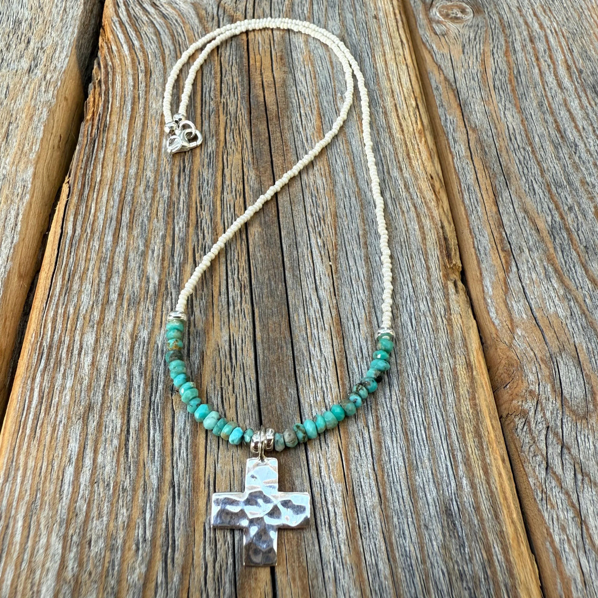 Turquoise Cross Necklace, Hammered Sterling Silver Pendant, Boho Christian Jewelry