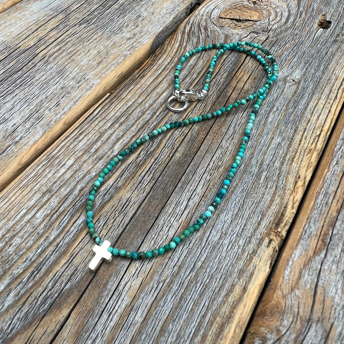 Turquoise Cross Necklace, Sterling Silver Pendant, Boho Christian Jewelry