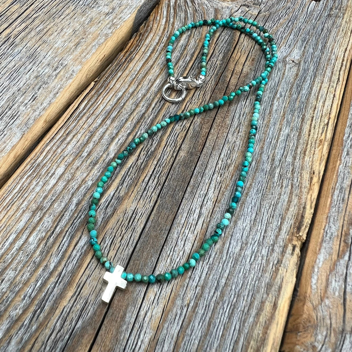 Turquoise Cross Necklace, Sterling Silver Pendant, Boho Christian Jewelry