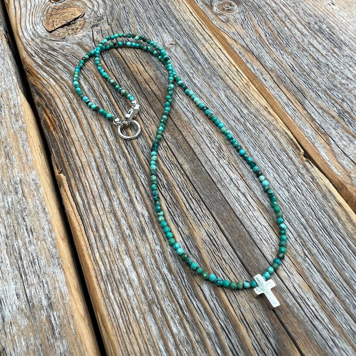 Turquoise Cross Necklace, Sterling Silver Pendant, Boho Christian Jewelry