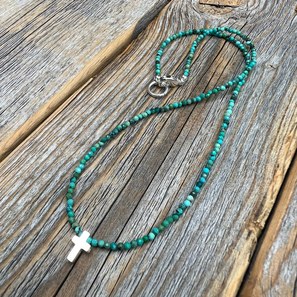 Turquoise Cross Necklace, Sterling Silver Pendant, Boho Christian Jewelry