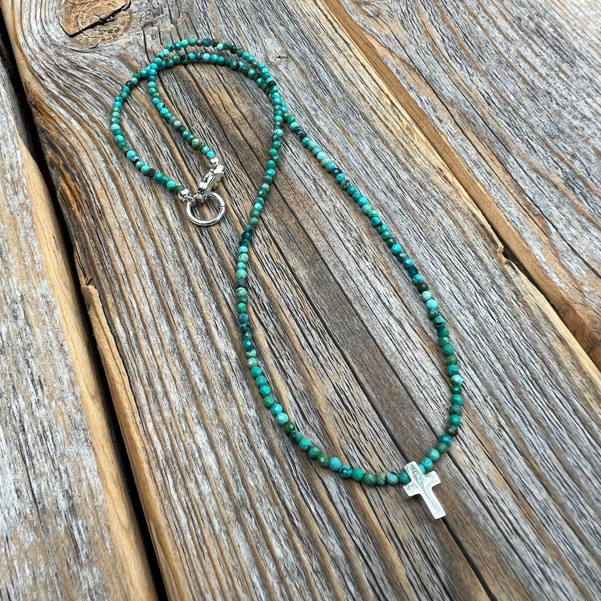 Turquoise Cross Necklace, Sterling Silver Pendant, Boho Christian Jewelry