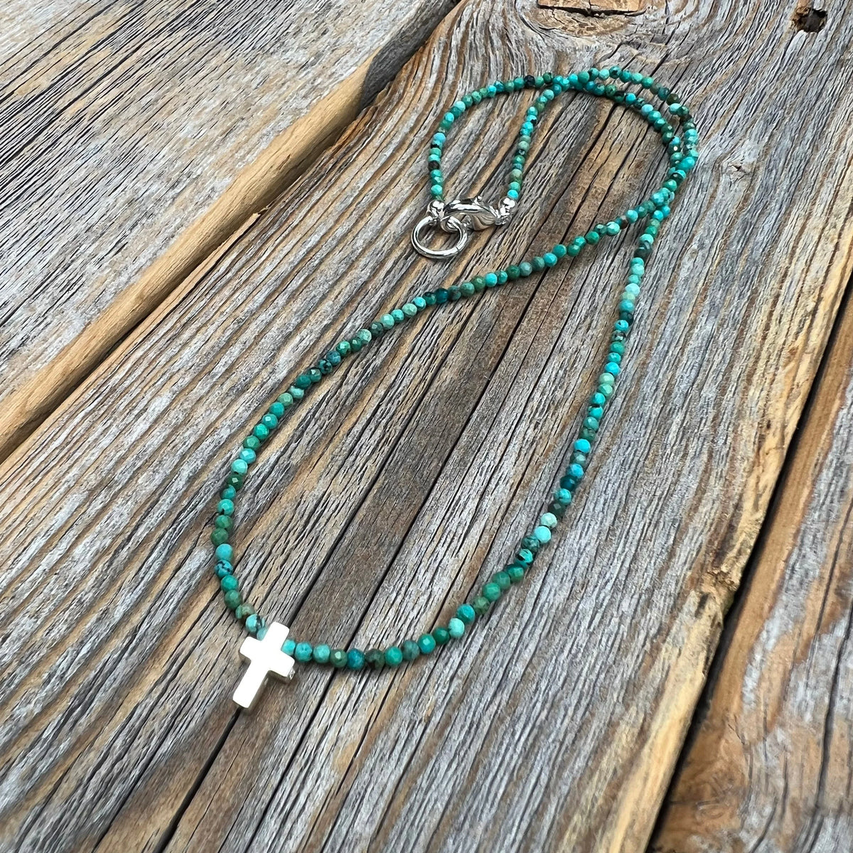 Turquoise Cross Necklace, Sterling Silver Pendant, Boho Christian Jewelry