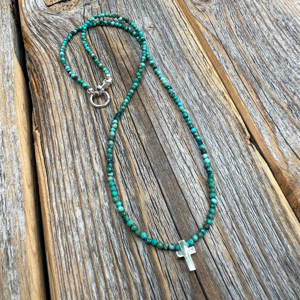 Turquoise Cross Necklace, Sterling Silver Pendant, Boho Christian Jewelry