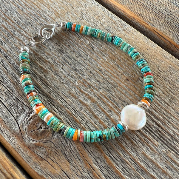 Turquoise Heishi Bracelet | Freshwater Pearl, Spiny Oyster, Boho Stacker