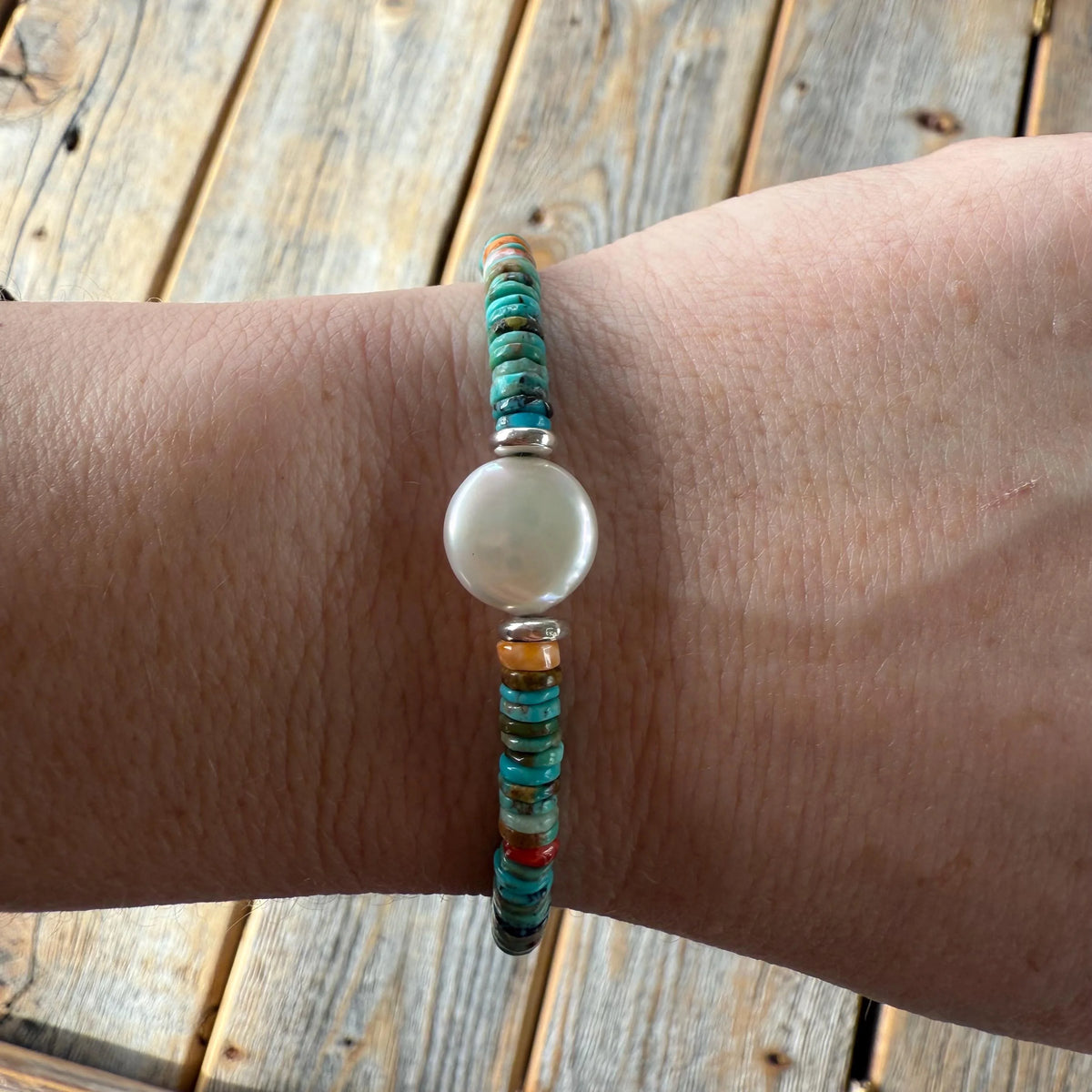 Turquoise Heishi Bracelet | Freshwater Pearl, Spiny Oyster, Boho Stacker