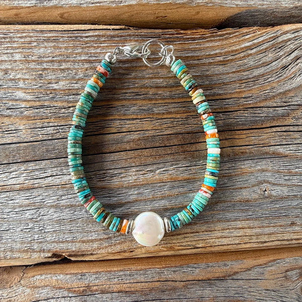 Turquoise Heishi Bracelet | Freshwater Pearl, Spiny Oyster, Boho Stacker