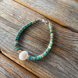 Turquoise Heishi Bracelet | Freshwater Pearl, Spiny Oyster, Boho Stacker