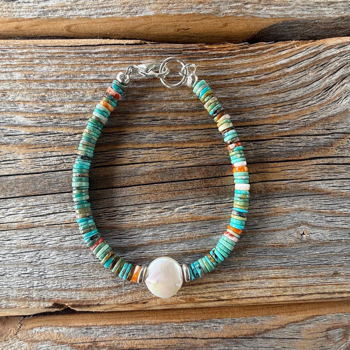 Turquoise Heishi Bracelet | Freshwater Pearl, Spiny Oyster, Boho Stacker