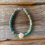 Turquoise Heishi Bracelet | Freshwater Pearl, Spiny Oyster, Boho Stacker