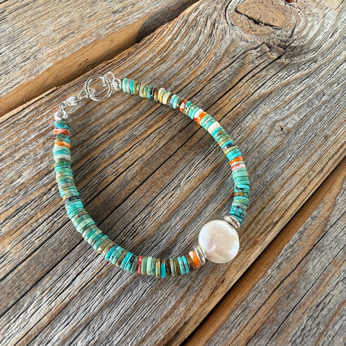 Turquoise Heishi Bracelet | Freshwater Pearl, Spiny Oyster, Boho Stacker
