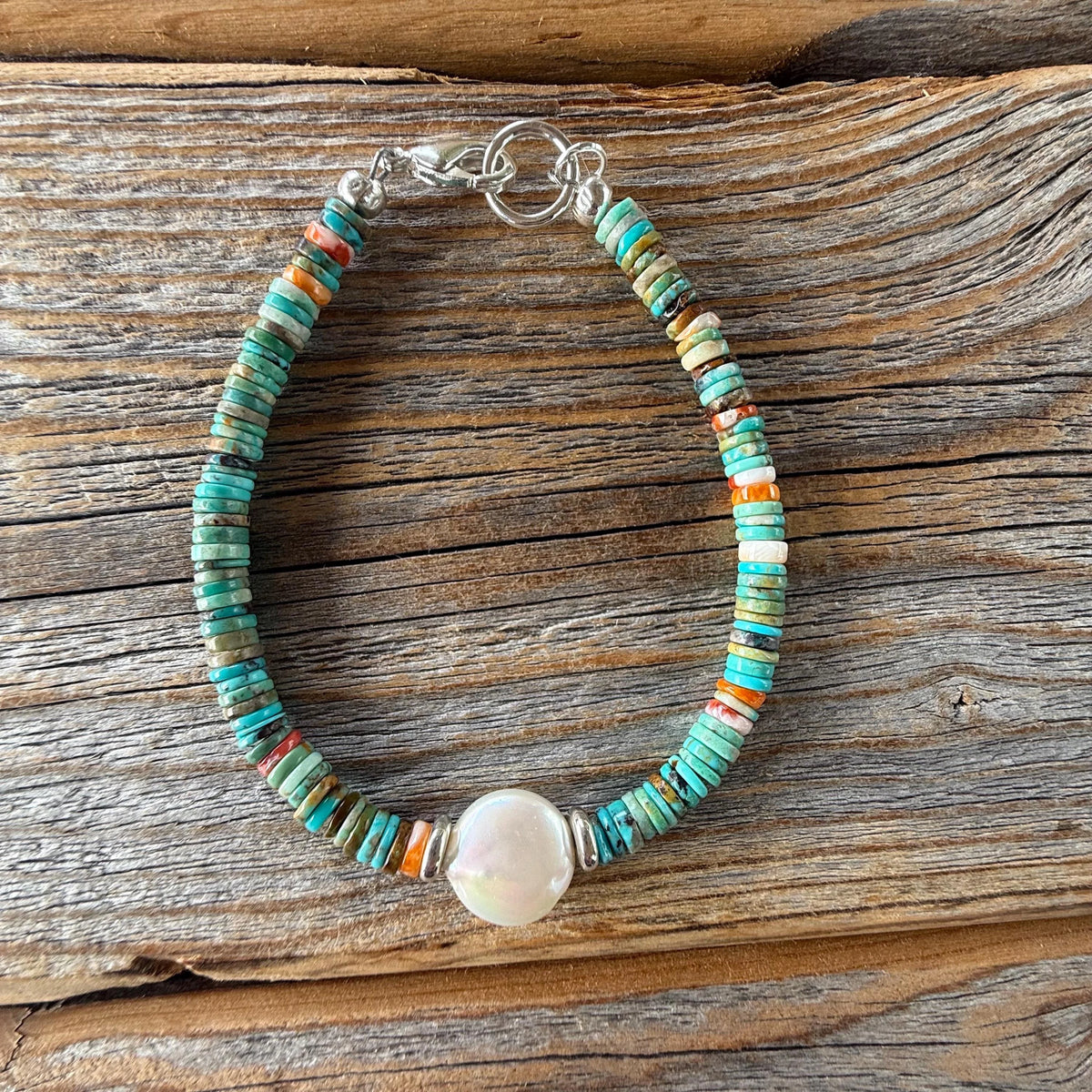 Turquoise Heishi Bracelet | Freshwater Pearl, Spiny Oyster, Boho Stacker