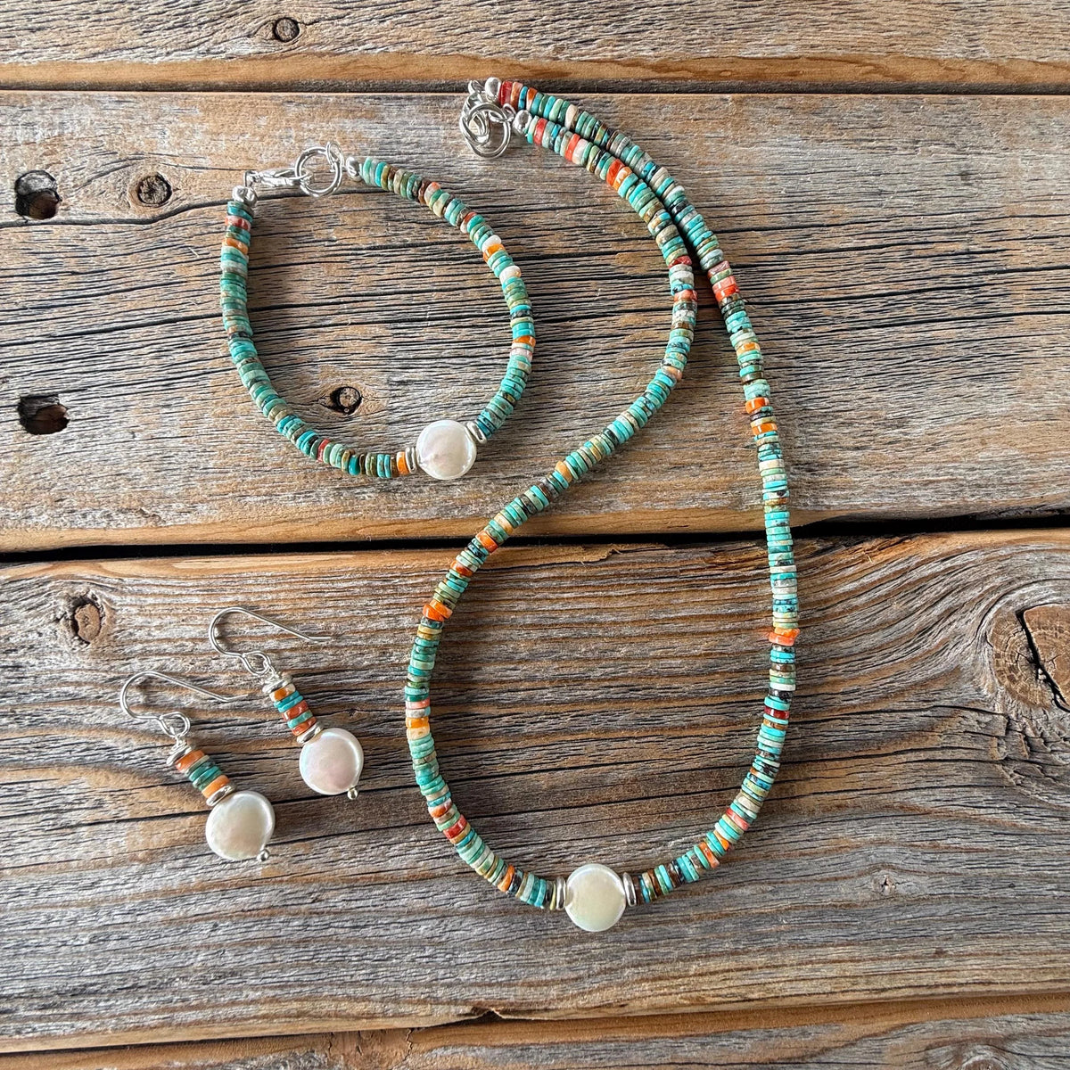 Turquoise Heishi Bracelet | Freshwater Pearl, Spiny Oyster, Boho Stacker