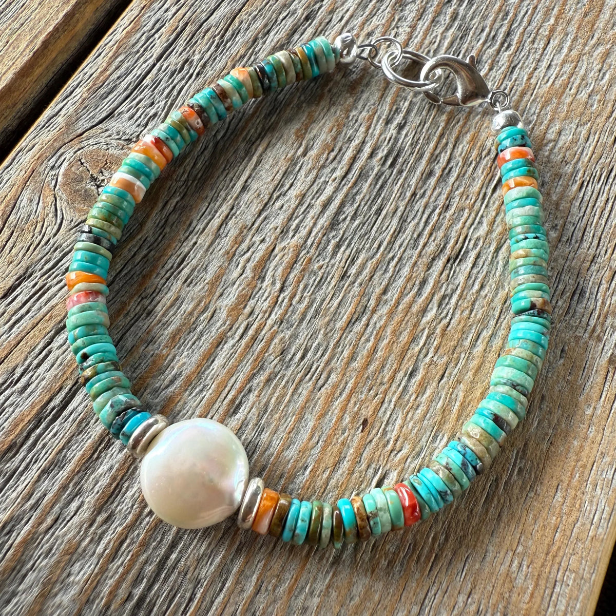 Turquoise Heishi Bracelet | Freshwater Pearl, Spiny Oyster, Boho Stacker