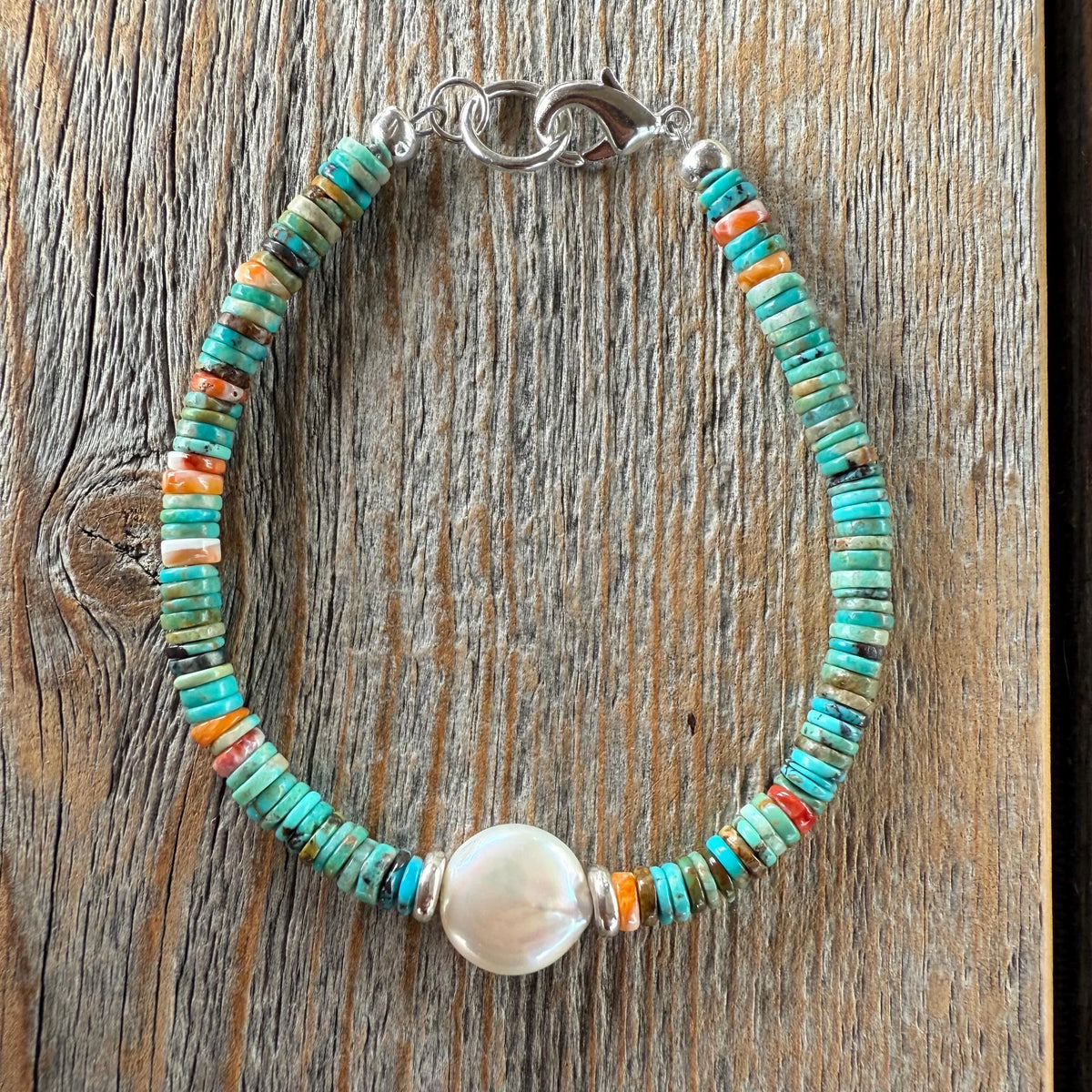 Turquoise Heishi Bracelet | Freshwater Pearl, Spiny Oyster, Boho Stacker