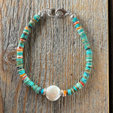 Turquoise Heishi Bracelet | Freshwater Pearl, Spiny Oyster, Boho Stacker
