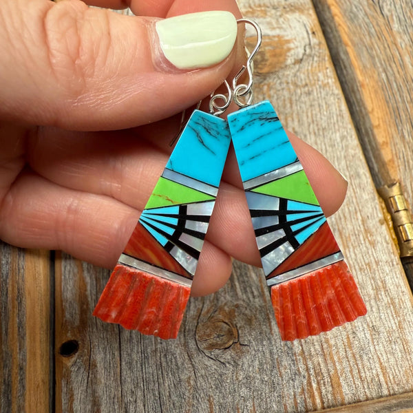 Turquoise Inlay Dangle Earrings, Southwestern Sterling Silver, Spiny Oyster & Mother-of-Pearl