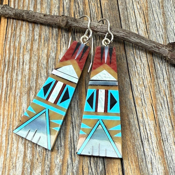 Turquoise Inlay Dangle Earrings, Spiny Oyster, Sterling Silver