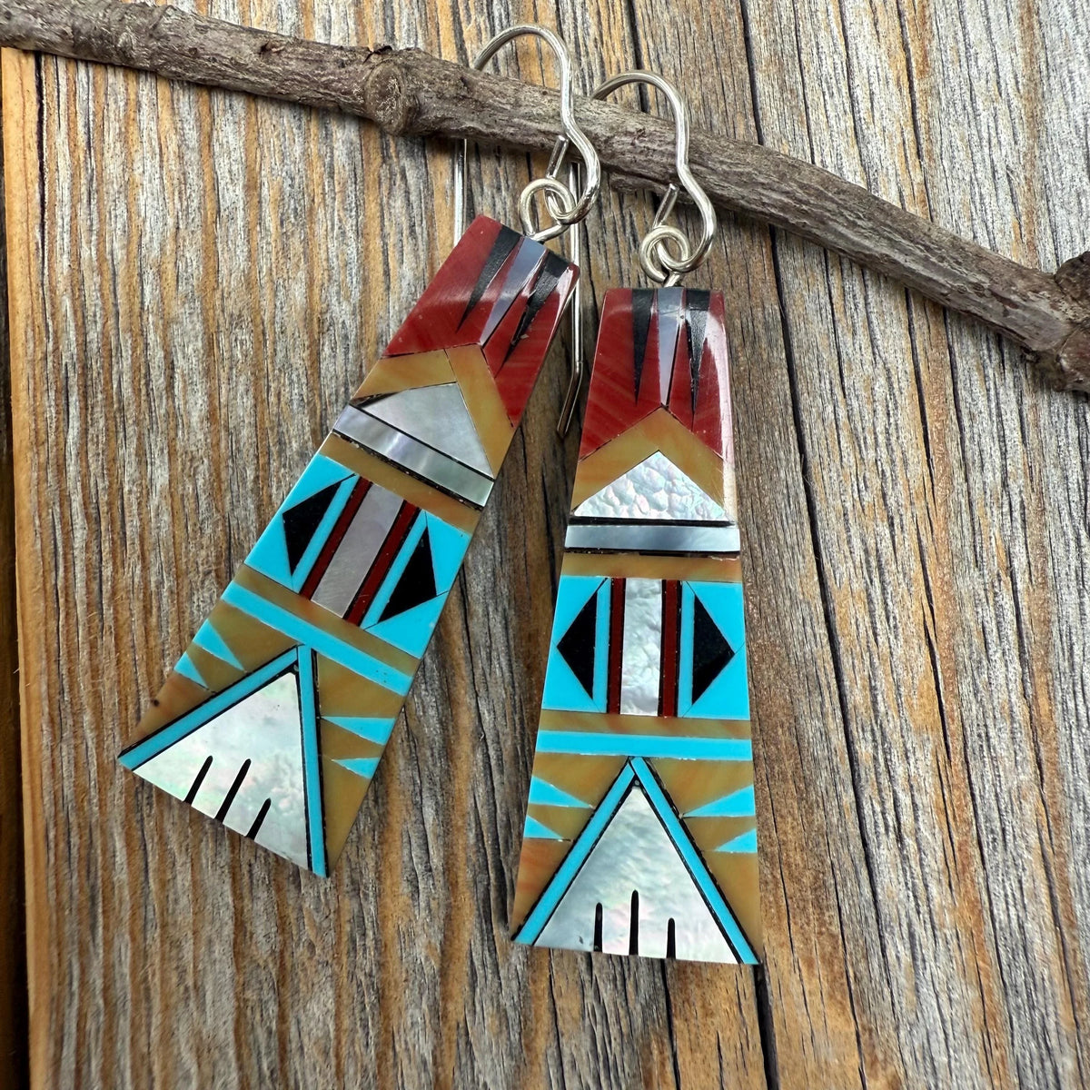 Turquoise Inlay Dangle Earrings, Spiny Oyster, Sterling Silver