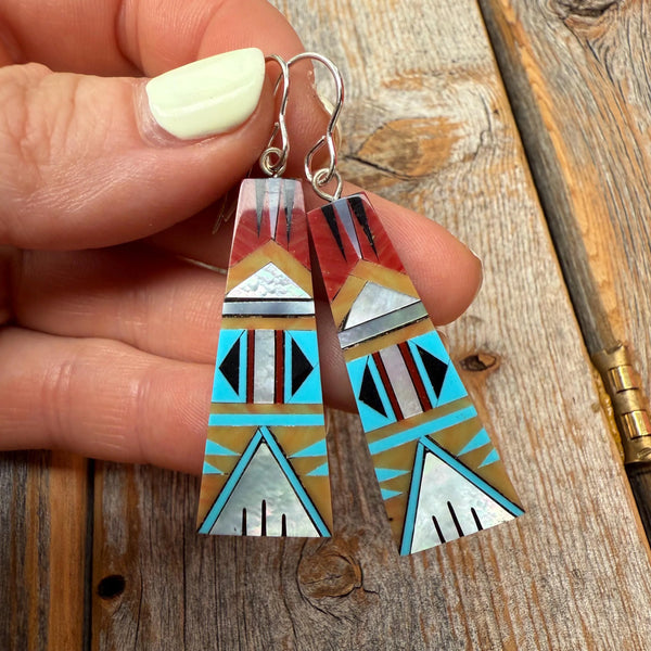 Turquoise Inlay Dangle Earrings, Spiny Oyster, Sterling Silver