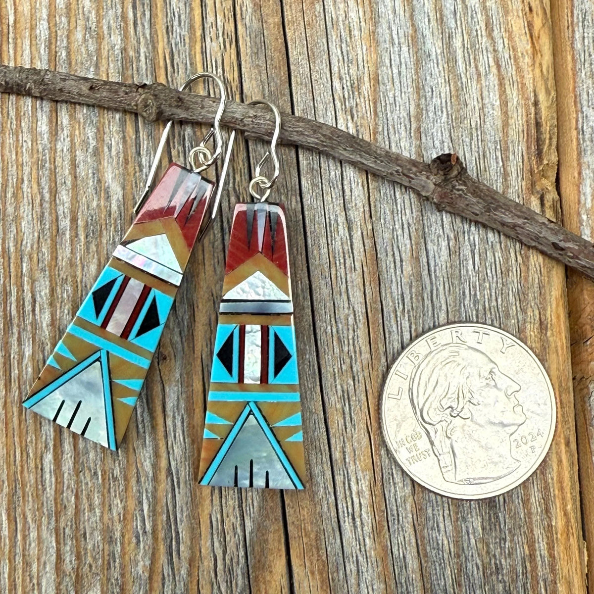 Turquoise Inlay Dangle Earrings, Spiny Oyster, Sterling Silver