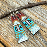 Turquoise Inlay Dangle Earrings, Spiny Oyster, Sterling Silver