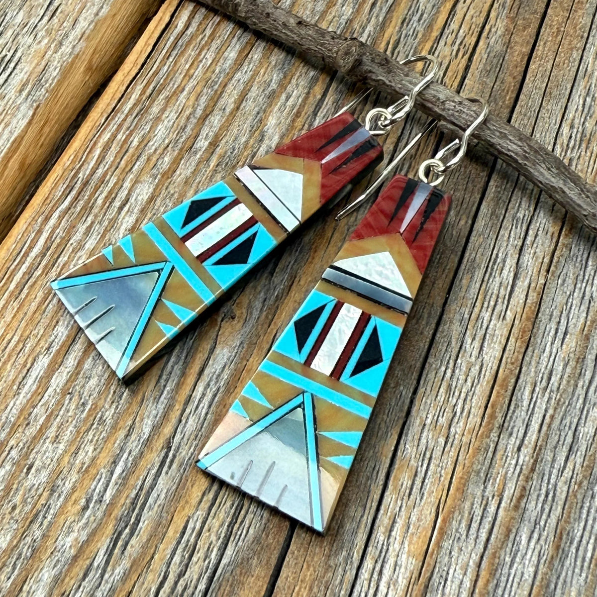 Turquoise Inlay Dangle Earrings, Spiny Oyster, Sterling Silver