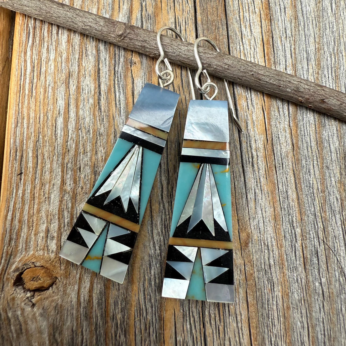 Turquoise Inlay Earrings, Mother-of-Pearl & Onyx Mosaic, Fan-Shape Southwestern Dangles, Sterling Silver Hooks, Statement Gift for Her