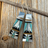 Turquoise Inlay Earrings, Mother-of-Pearl & Onyx Mosaic, Fan-Shape Southwestern Dangles, Sterling Silver Hooks, Statement Gift for Her