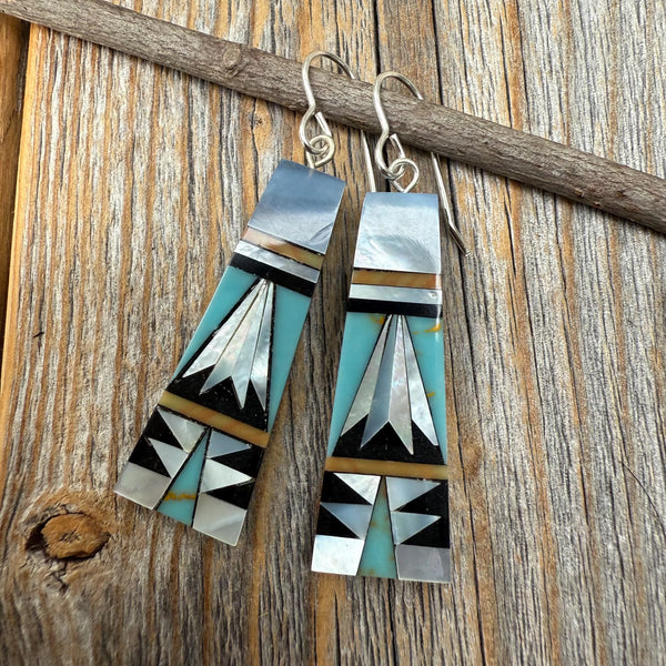 Turquoise Inlay Earrings, Mother-of-Pearl & Onyx Mosaic, Fan-Shape Southwestern Dangles, Sterling Silver Hooks, Statement Gift for Her
