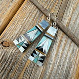 Turquoise Inlay Earrings, Mother-of-Pearl & Onyx Mosaic, Fan-Shape Southwestern Dangles, Sterling Silver Hooks, Statement Gift for Her