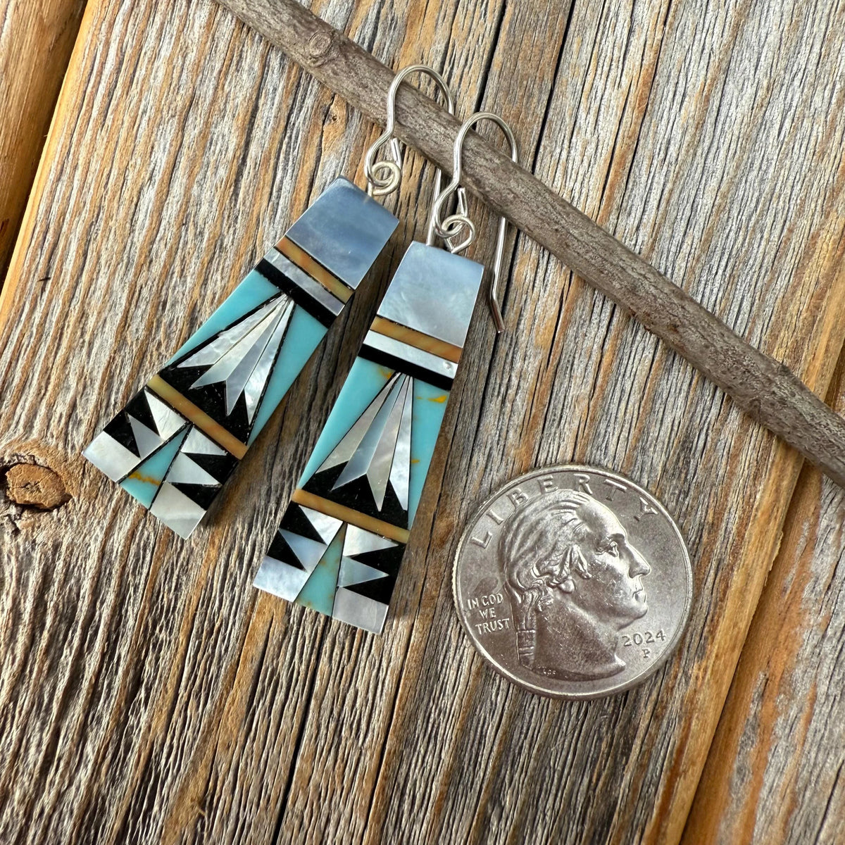 Turquoise Inlay Earrings, Mother-of-Pearl & Onyx Mosaic, Fan-Shape Southwestern Dangles, Sterling Silver Hooks, Statement Gift for Her