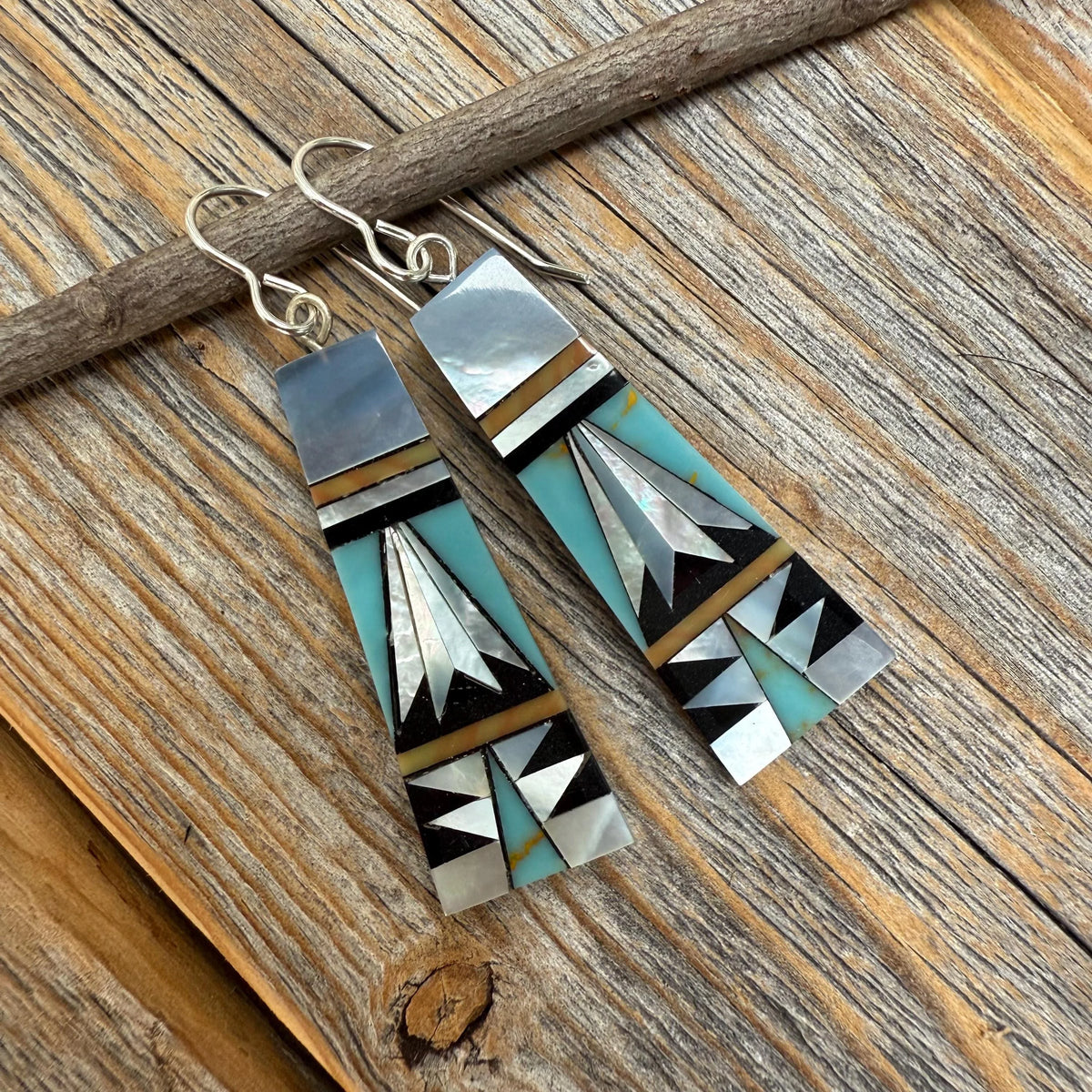 Turquoise Inlay Earrings, Mother-of-Pearl & Onyx Mosaic, Fan-Shape Southwestern Dangles, Sterling Silver Hooks, Statement Gift for Her