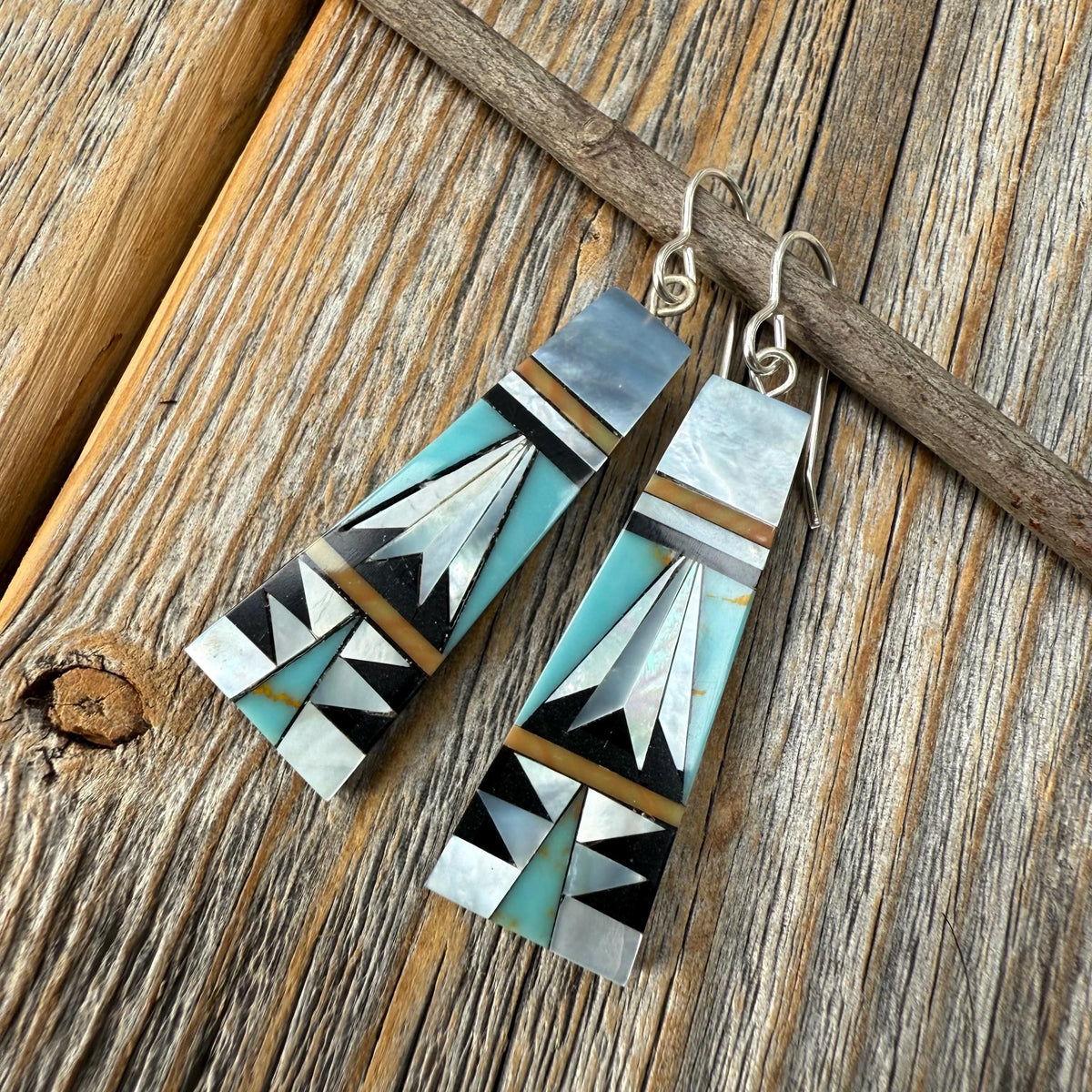 Turquoise Inlay Earrings, Mother-of-Pearl & Onyx Mosaic, Fan-Shape Southwestern Dangles, Sterling Silver Hooks, Statement Gift for Her