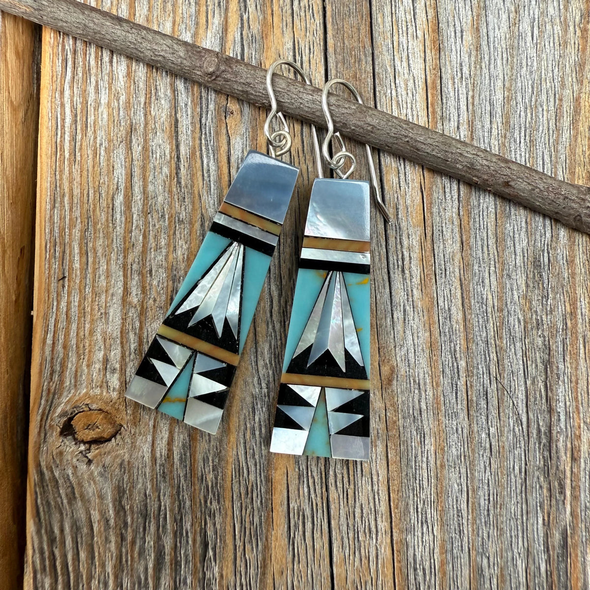 Turquoise Inlay Earrings, Mother-of-Pearl & Onyx Mosaic, Fan-Shape Southwestern Dangles, Sterling Silver Hooks, Statement Gift for Her