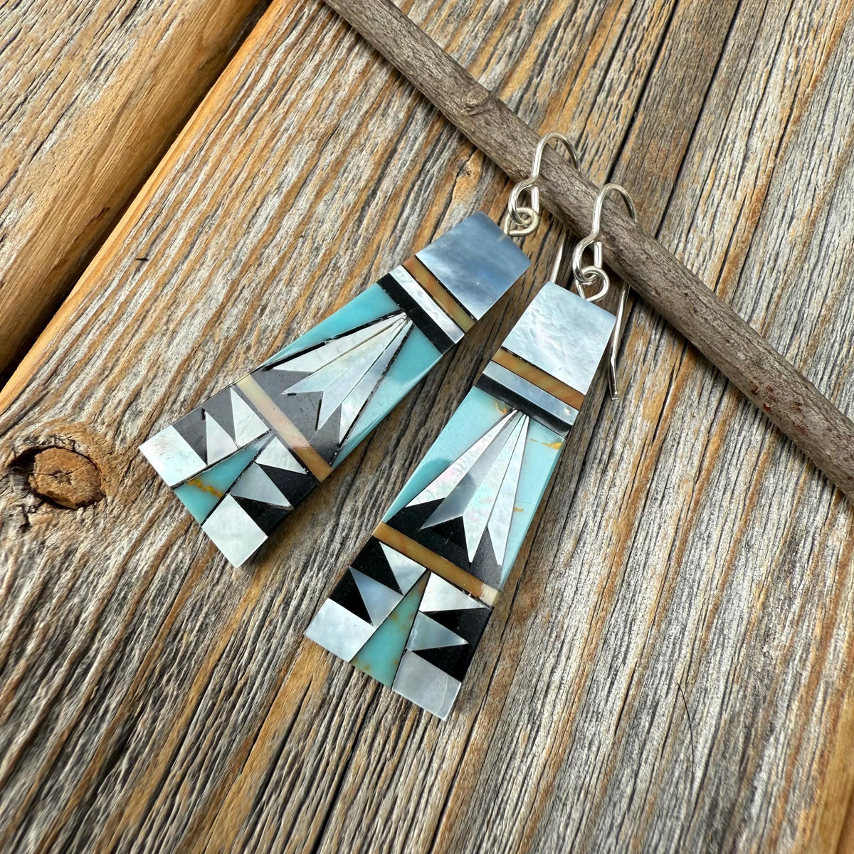 Turquoise Inlay Earrings, Mother-of-Pearl & Onyx Mosaic, Fan-Shape Southwestern Dangles, Sterling Silver Hooks, Statement Gift for Her