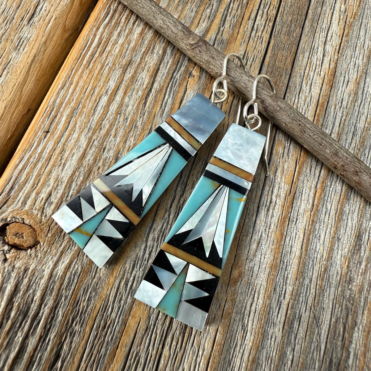 Turquoise Inlay Earrings, Mother-of-Pearl & Onyx Mosaic, Fan-Shape Southwestern Dangles, Sterling Silver Hooks, Statement Gift for Her